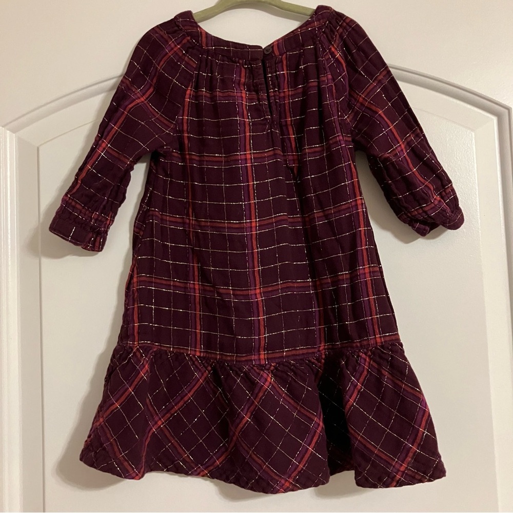 Old Navy Girl’s Sz 4T Burgundy & Gold Metallic-Plaid Swing Dress 3/4 Sleeves - Picture 4 of 7